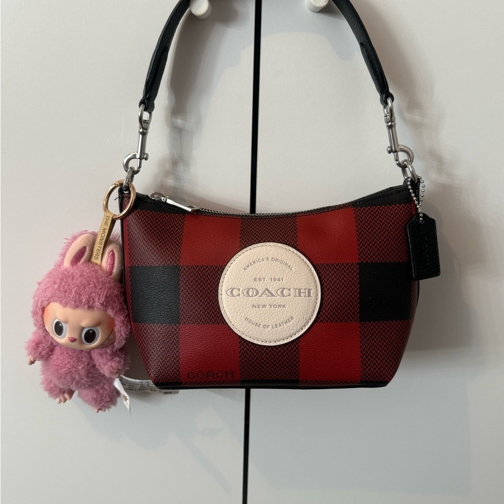 Coach Red and Black Shoulder Bag with Plaid Design